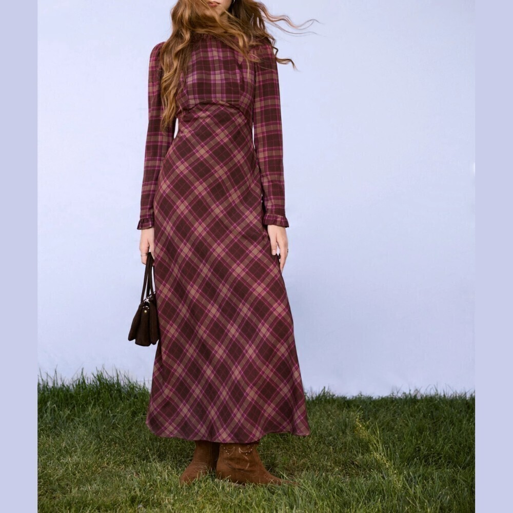 Brown Plaid Stand Collar Long Sleeve Ruffle Cuff Maxi Dress